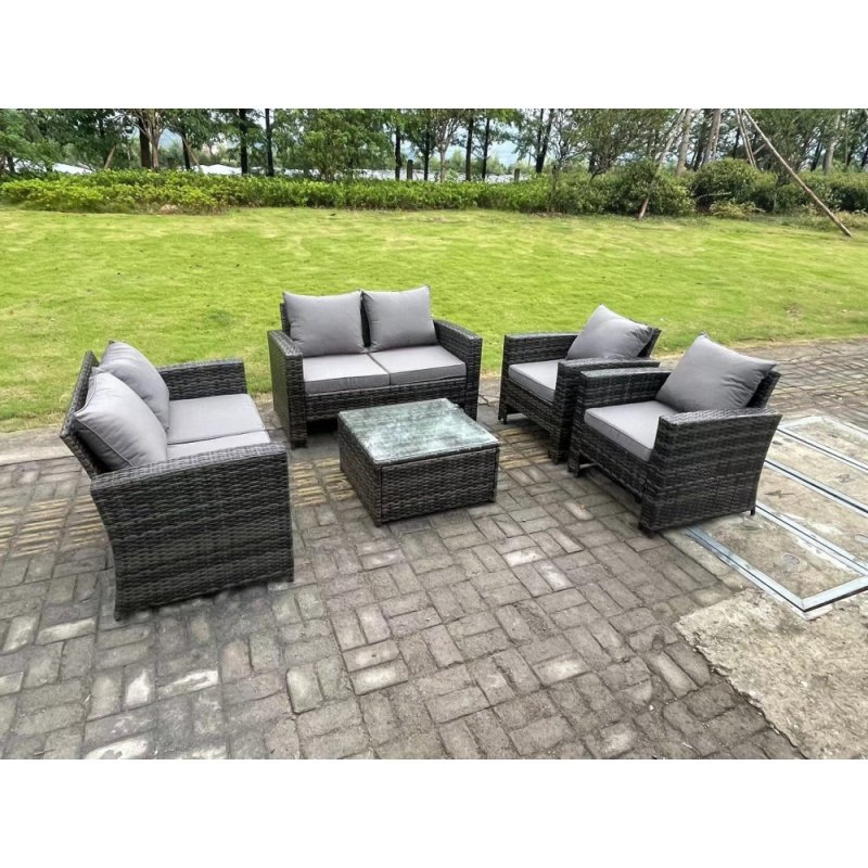 Fimous 6 Seater Dark Grey Mixed High Back Rattan Sofa Set Square Coffee Table Garden Furniture Outdoor Patio With Love Sofa Arm Chairs