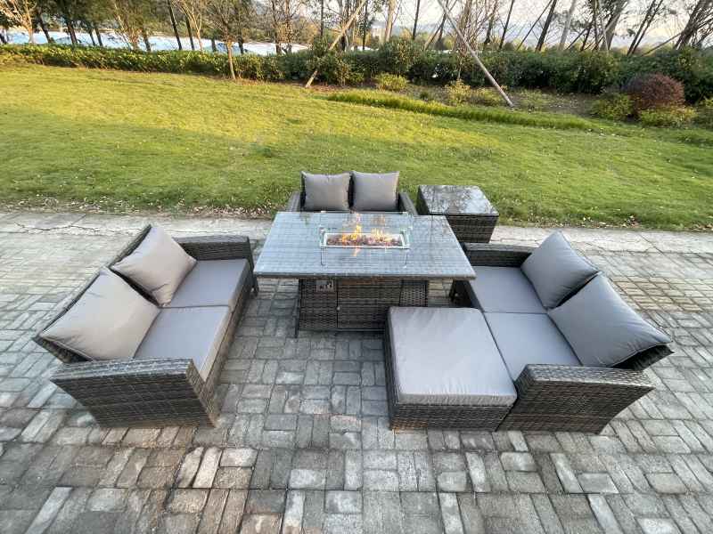 Fimous Outdoor Garden Dining Sets 7 Seater Rattan Patio Furniture Sofa Set with Gas Firepit Table Double Seat Sofa Big Footstool Side Table Dark Grey Mixed