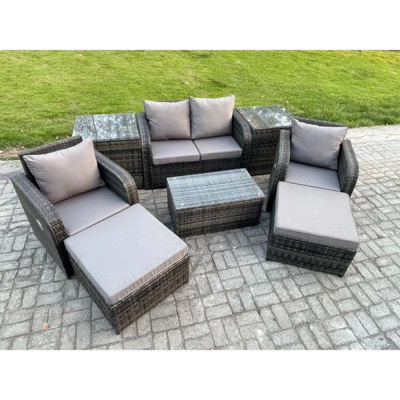 Fimous 6 Seater Outdoor Lounge Sofa Set Rattan Garden Furniture Set with Rectangular Coffee Table 2 Big Footstool 2 Side Tables Dark Grey Mixed