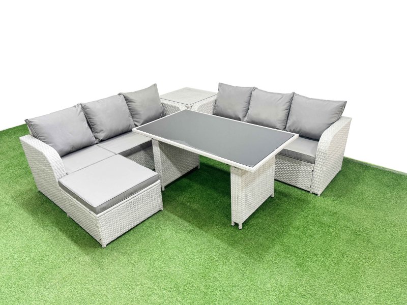 Fimous 7 Seater Rattan Outdoor Dining Table 3 Seater Sofa Set with Side Table Big Stool Light Grey