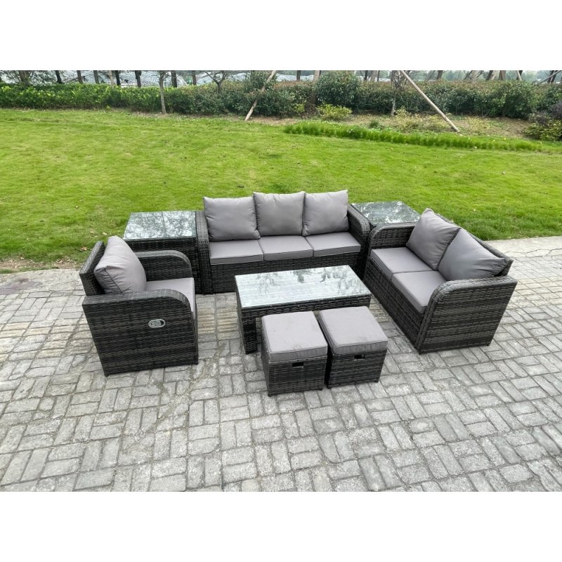 Fimous High Back Rattan Garden Furniture Set with Loveseat Sofa Rectangular Coffee Table 2 Side Tables 2 Small Footstools Indoor Outdoor Patio Lounge Sofa Set Dark Grey Mixed
