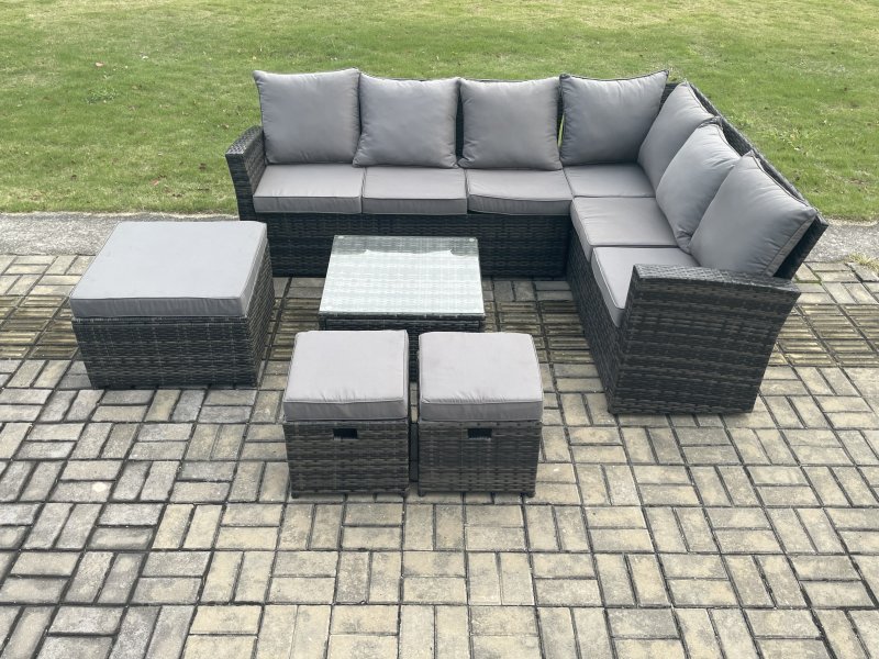 Fimous Rattan Garden Furniture Set Outdoor Lounge Corner Sofa Set With Square Coffee Table 3 Footstools 9 Seater Dark Grey Mixed
