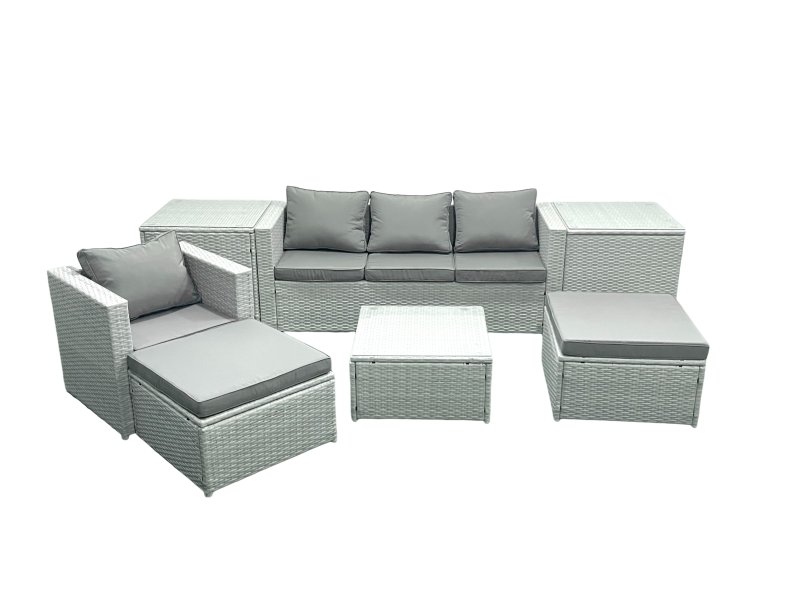 Fimous Garden Outdoor Furniture Set 6 Seater Rattan Sofa Set with 2 Big Footstools Armchair 2 Side Tables Light Grey Mixed