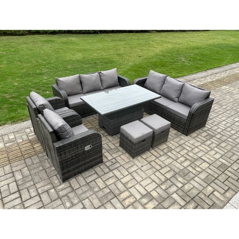 Fimous Rattan Outdoor Garden Furniture Sets Height Adjustable Rising lifting DiningTable Sofa Set with Reclining Chair 2 Small Footstools Dark Grey Mixed