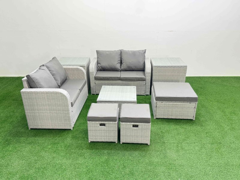 Fimous 7 Seater Outdoor Love Sofa Set Rattan Garden Furniture Set with Square Coffee Table 3 Footstool 2 Side Tables Light Grey
