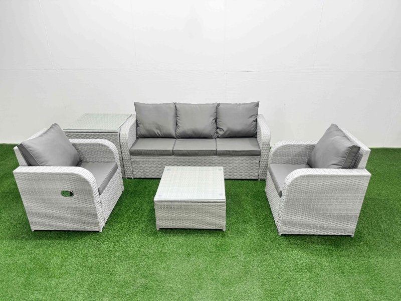 Fimous PE Rattan Garden Furniture Set Reclining Chair Sofa Lounge Sofa Set Square Coffee Table Side Table Light Grey