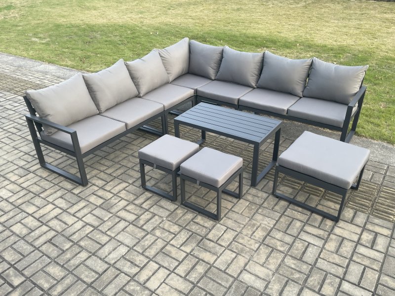 Fimous Aluminium Outdoor Garden Furniture Set Lounge Corner Sofa Oblong Coffee Table Sets with 3 Footstools Dark Grey