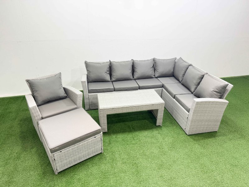 Fimous 8 Seater Garden Outdoor Rattan Furniture Set Rattan Corner Sofa Oblong Coffee Table with Big Footstools Light Grey Mixed