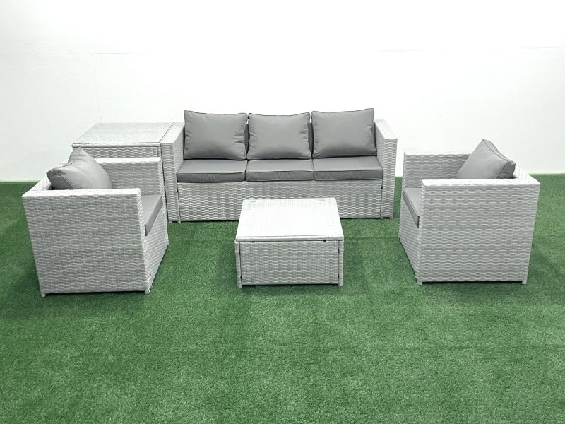 Fimous 5 Seater Rattan Garden Furniture Set with 3 Seater Sofa 2 Chair Square Coffee Table Side Table Light Grey Mixed
