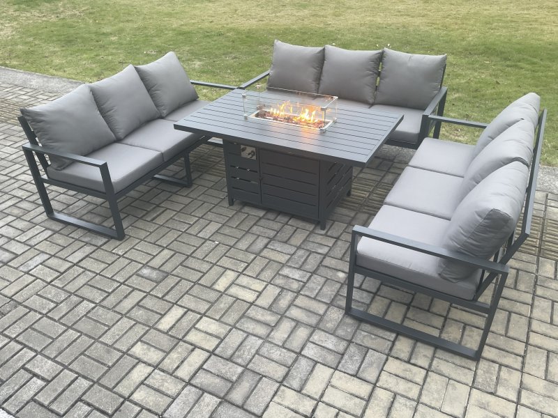 Fimous Aluminium 9 Seater Garden Furniture Outdoor Set Patio Lounge Sofa Gas Fire Pit Dining Table Set Dark Grey