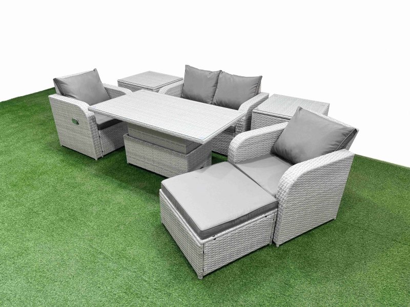 Fimous Light Grey PE Wicker Rattan Garden Furniture Set Sofa Set Reclining Chair Adjustable Lifting Dining or Coffee Table 5 Seater With Footstool 2 Side Table