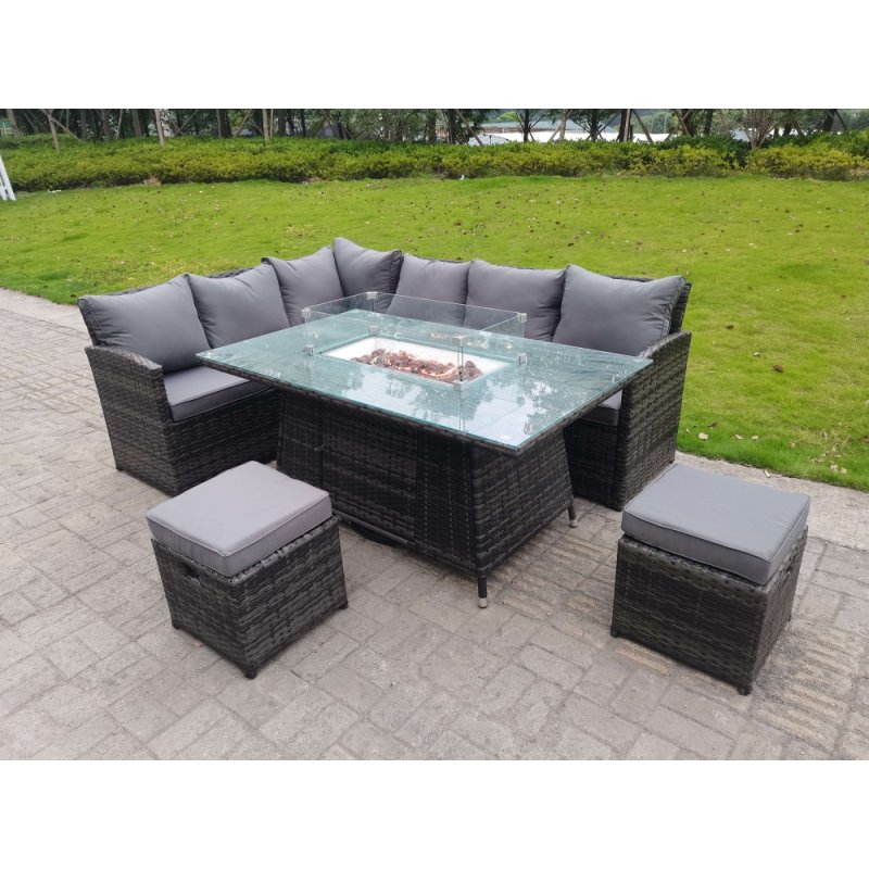 Fimous High Back Corner Rattan Garden Furniture Sofa Gas Fire Pit Gas Heater Dining Table Sets 8 Seater 2 Small Footstools