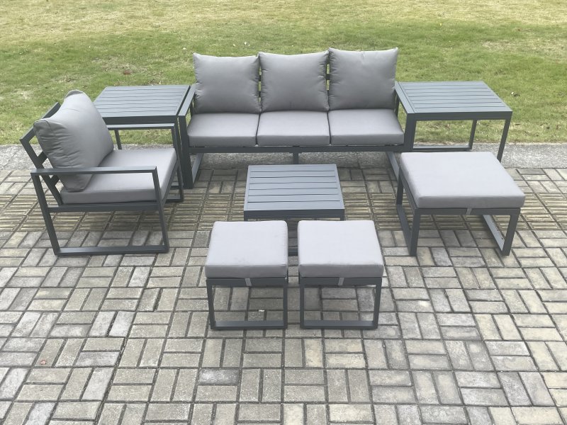 Fimous Aluminium Outdoor Garden Furniture Set Lounge Sofa Chair Square Coffee Table Sets with 2 Side Tables 3 Footstools Conservatory Set Dark Grey 7 Seater