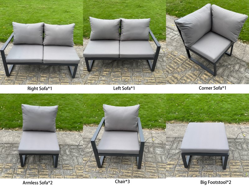 Fimous 11 Seater Aluminium Sofa Set 10 Pieces Outdoor Garden Furniture - Rising Dining Table with Cushions 2 Big Footstools 2 Chair Footstool Dark Grey