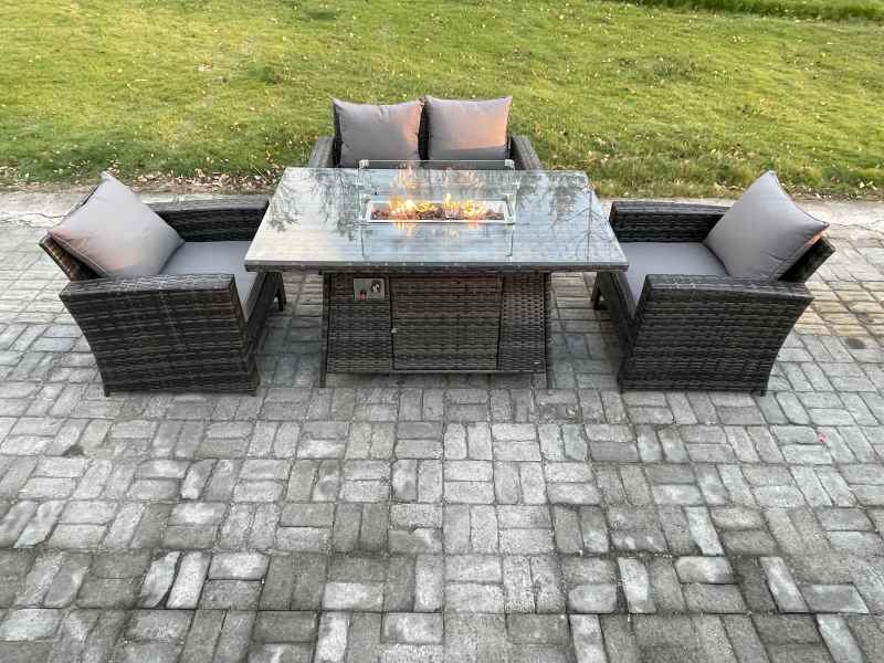 Fimous 4 Seater?Outdoor Rattan Sofa Set Garden Furniture Gas Firepit Dining Table Heater Dark Grey Mixed