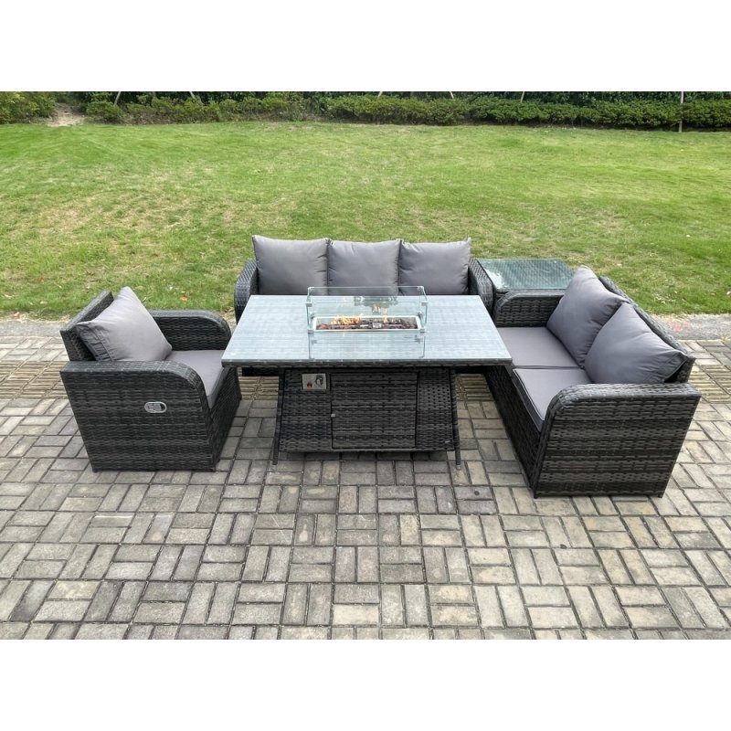 Fimous Garden Patio Furniture Wicker Rattan Gas Fire Pit Table and Sofa Chair set with Side Table