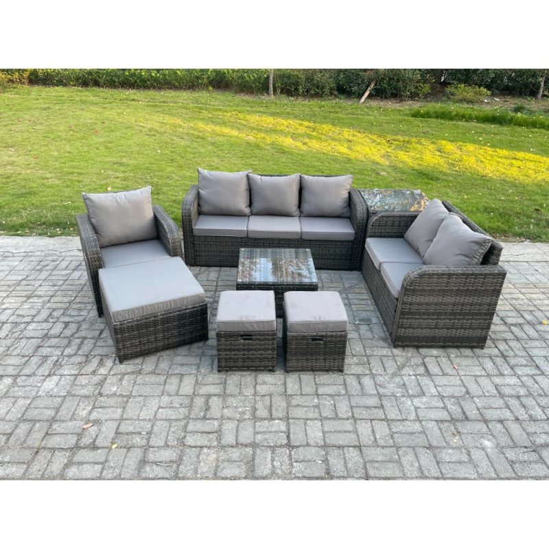 Fimous Rattan Garden Furniture 8 Piece Patio Set With Table Sofa Square Coffee Table Reclining Chair Love seat sofa Side 3 Seater Sofa 3 Footstools Side Table