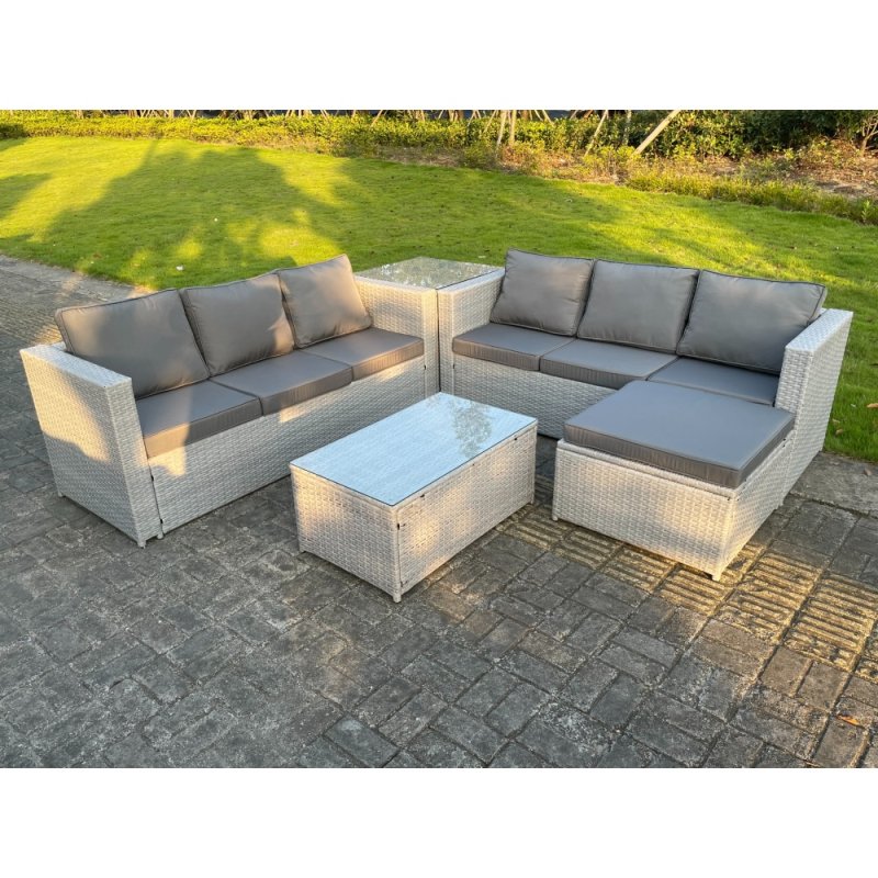 Fimous Light Grey Outdoor Rattan Garden Furniture Set Lounge Sofa Set 2 Coffee Table Big Footstool