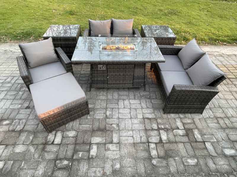 Fimous Rattan Outdoor Garden Furniture Gas Fire Pit Table Sets Gas Heater with Love Sofa Armchair 2 Side Tables Big Footstool 6 Seater Dark Mixed Grey