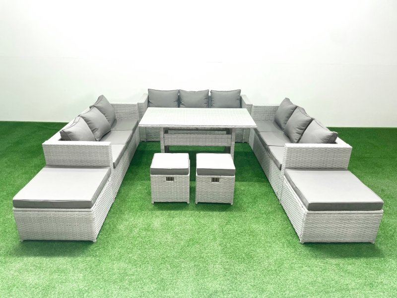Fimous Rattan Garden Furniture Dining Set 13 Seater Lounge Sofa Dining Table Set with 4 Footstools Light Grey Mixed