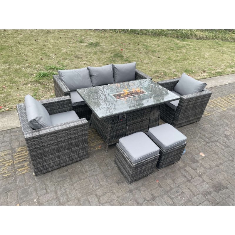 Fimous Outdoor PE Rattan Garden Furniture Gas Fire Pit Dining Table Lounge Sofa 2 PC Armchairs 2 PC Footstools Dark Grey Mixed Patio