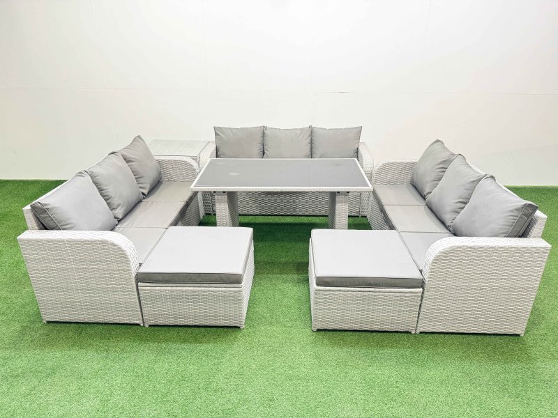 Fimous Patio Garden Furniture Sets with Black Glass Top Dining Table 3 Seater Sofa Side Table 2 Big Stool Light Grey