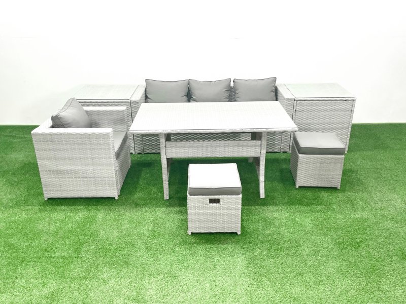 Fimous Rattan Garden Furniture Dining Set 6 Seater Lounge Sofa Chair Dining Table Set with 2 Small Footstools 2 Side Tables Light Grey Mixed