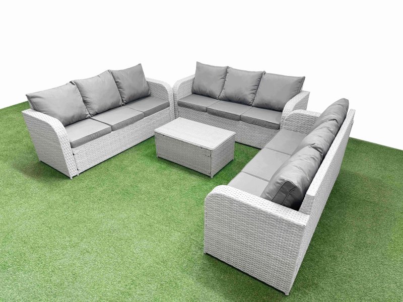 Fimous PE Rattan Lounge Sofa Set 9 Seater Outdoor Garden Furniture Set with Rectangular Coffee Table 3 Seater Sofa Light Grey