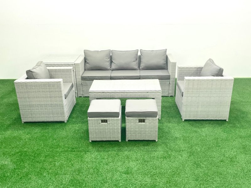 Fimous Rattan Garden Furniture Set 7 Seater Outdoor Garden Sofa Oblong Coffee Table Set with 2 Chairs 2 Stools Side Table Light Grey Mixed