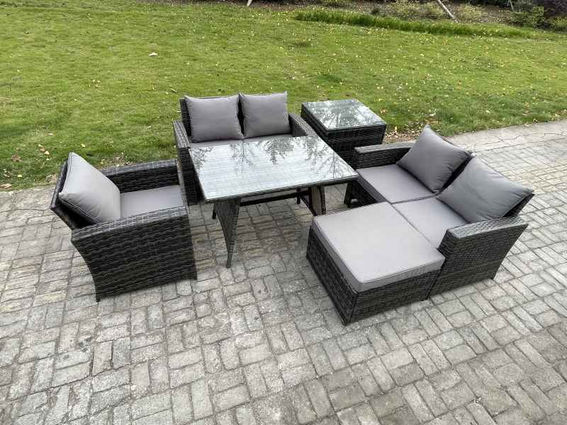 Fimous 6 Seater Wicker PE Rattan Garden Dining Set Outdoor Furniture Sofa with Rectangular Dining Table Double Seat Sofa Big Footstool Side Table Dark Grey Mixed