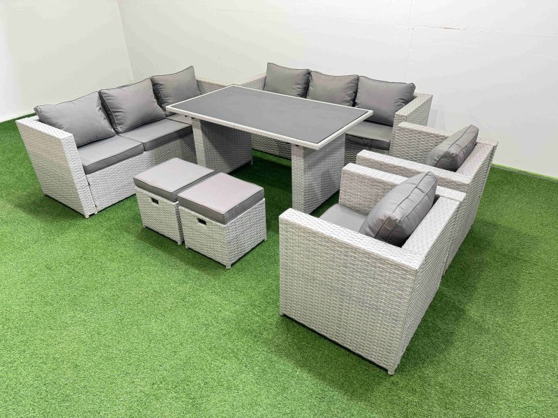 Fimous 10 Seater Wicker PE Rattan Furniture Outdoor Dining Table 3 Seater Sofa Armchair Set with 2 Small Stools Light Grey