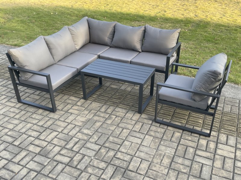 Fimous Aluminium Outdoor Garden Furniture Set Lounge Sofa Oblong Coffee Table Sets with Chair Indoor Conservatory Set Dark Grey