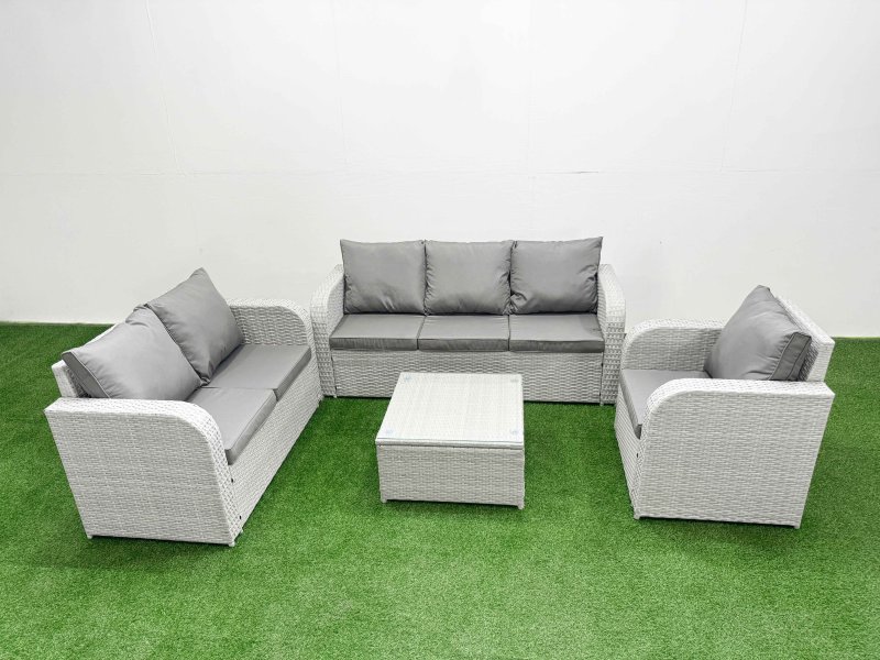 Fimous Patio PE Wicker 6 Seater Outdoor Rattan Furniture Sofa Sets with Square Coffee Table Reclining Chair Loveseat Sofa 3 Seater Sofa Light Grey