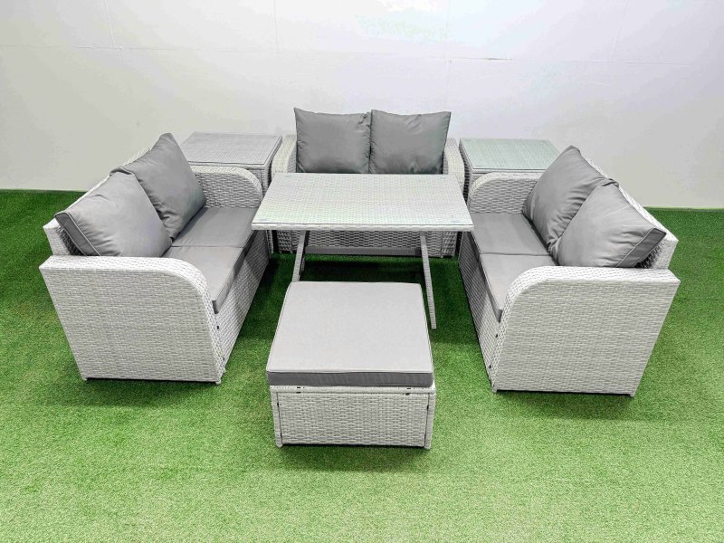 Fimous Rattan Garden Furniture Dining Set 7-seater Patio Rectangular Table Love Sofa Set with 2 Side Tables Big Stool