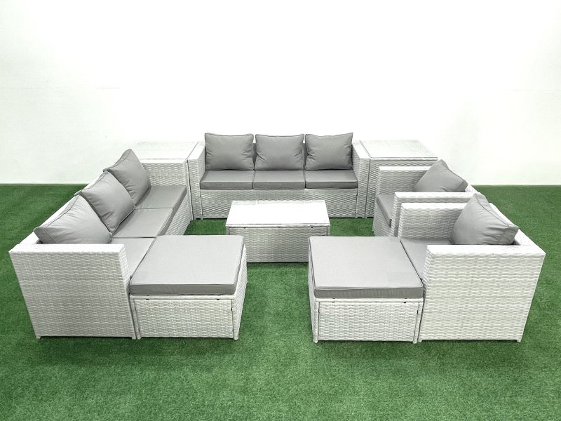 Fimous Outdoor Rattan Sofa Garden Furniture Set with 2 Armchairs Oblong Coffee Table 2 Big Footstools 2 Side Tables Light Grey Mixed