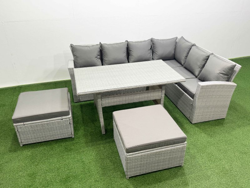 Fimous Rattan Garden Furniture Set Outdoor 8 Seater Patio Dining Corner Sofa Sets with Dining Table 2 Big Footstools Light Grey Mixed