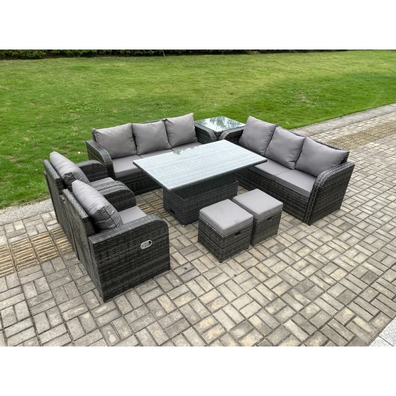 Fimous Rattan Outdoor Garden Furniture Sets Height Adjustable Rising lifting DiningTable Sofa Set with Reclining Chair Side Table 2 Small Footstools Dark Grey Mixed