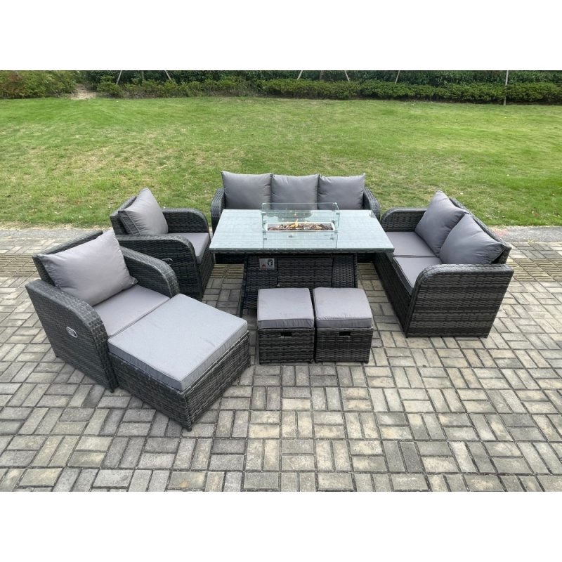 Fimous 10 Seater PE Wicker Outdoor Rattan Garden Furniture Set Propane Gas Fire Pit Table and Sofa Chair set with 3 Footstools