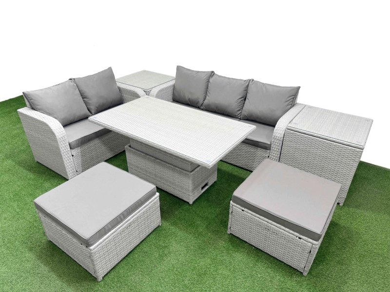 Fimous 7 Seater PE Rattan Wicker Garden Furniture Patio Conservatory Sofa Set with Adjustable Lifting Dining or Coffee Table 3 Seater Sofa Love Sofa 2 Big Footstool 2 Side Table