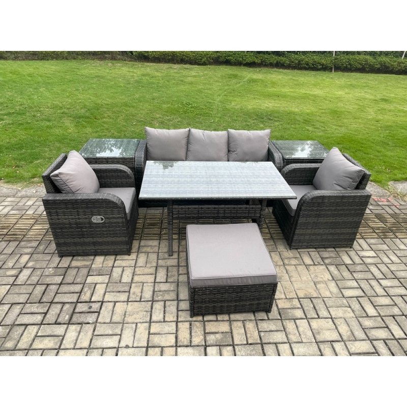 Fimous Wicker PE Rattan Garden Furniture Set Outdoor Rectangular Dining Table and Chair Sofa Set With 2 Side Tables Big Footstool Dark Grey Mixed