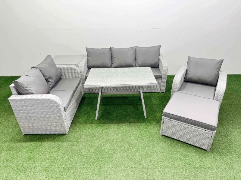 Fimous Rattan High Back Lounge Sofa Set Patio Dining Table & Chairs Set with 3 Seater Sofa Reclining Chair Side Table Big Stool Light Grey
