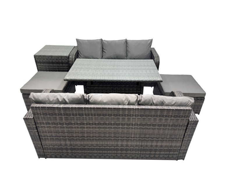Fimous 8 Seat Outdoor Wicker PE Rattan Garden Furniture Set Dining Table Sofa Set with 2 Big Stool Side Table Dark Grey Mixed