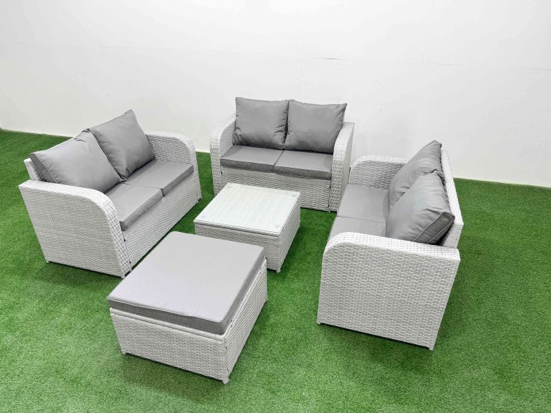 Fimous 7 Seater PE Wicker Rattan Furniture Sofa Sets with Square Coffee Table 2 Seater Love Sofa Big Footstool Light Grey