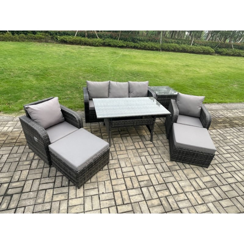 Fimous 7 Seater Rattan Outdoor Garden Furniture Set Rectangular Dining Table and Chair Sofa Set With Side Table 2 Big Footstool Dark Grey Mixed