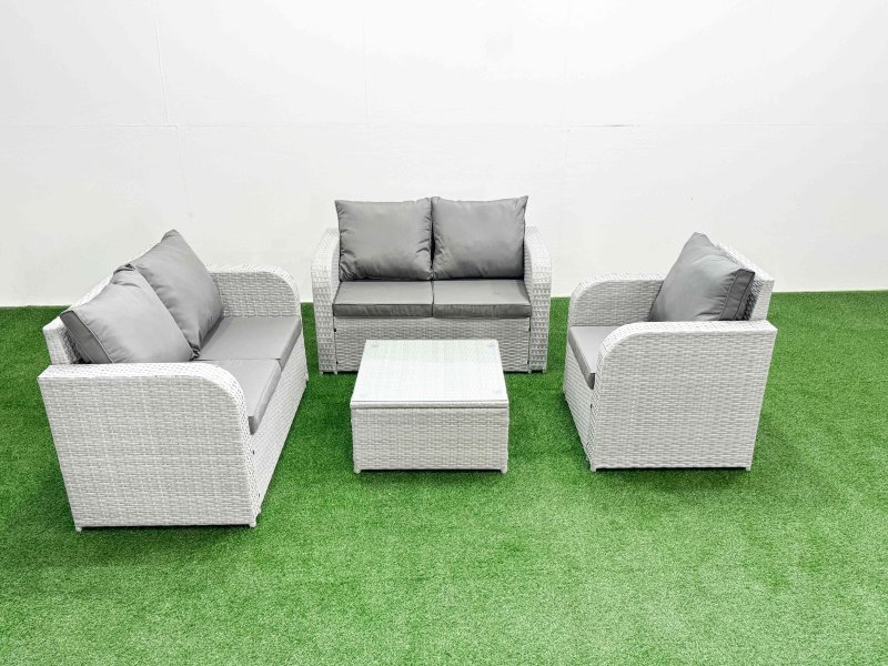 Fimous High Back Poly Rattan Garden Furniture Set with Reclining Chair Loveseat Sofa Square Coffee Table Indoor Outdoor Patio Set Light Grey