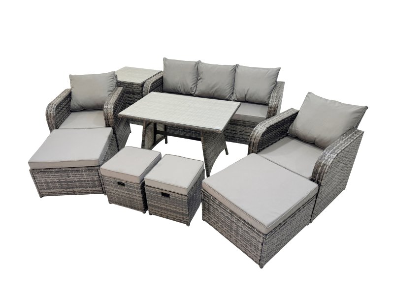 Fimous Garden Rattan Outdoor Furniture Set 9 Seater with 3 Seater Sofa Side Table 2 Big Stool 2 Small Stools Dark Grey