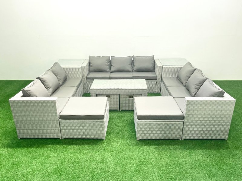 Fimous Outdoor Rattan Garden Furniture Set with Grey Cushions Luxury 13 Seater with Coffee Table and 2 Side Tables For Conservatory,Patio