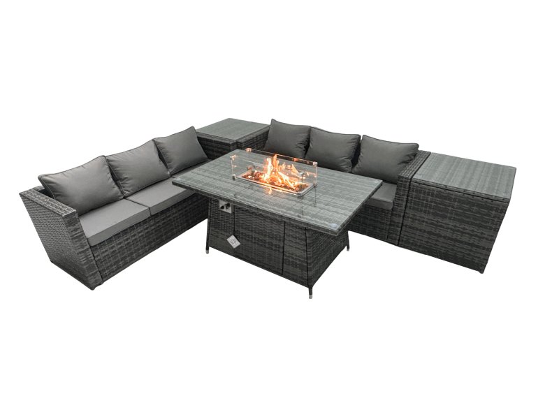 Fimous Rattan Garden Furniture Firepit Dining Set 6 Seater Lounge Sofa Table Set with 2 Side Tables