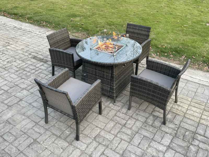 Fimous Outdoor Rattan Garden Furniture Set Gas Fire Pit Round Table Sets Gas Heater with 4 Seater Dining Cahirs Dark Grey Mixed