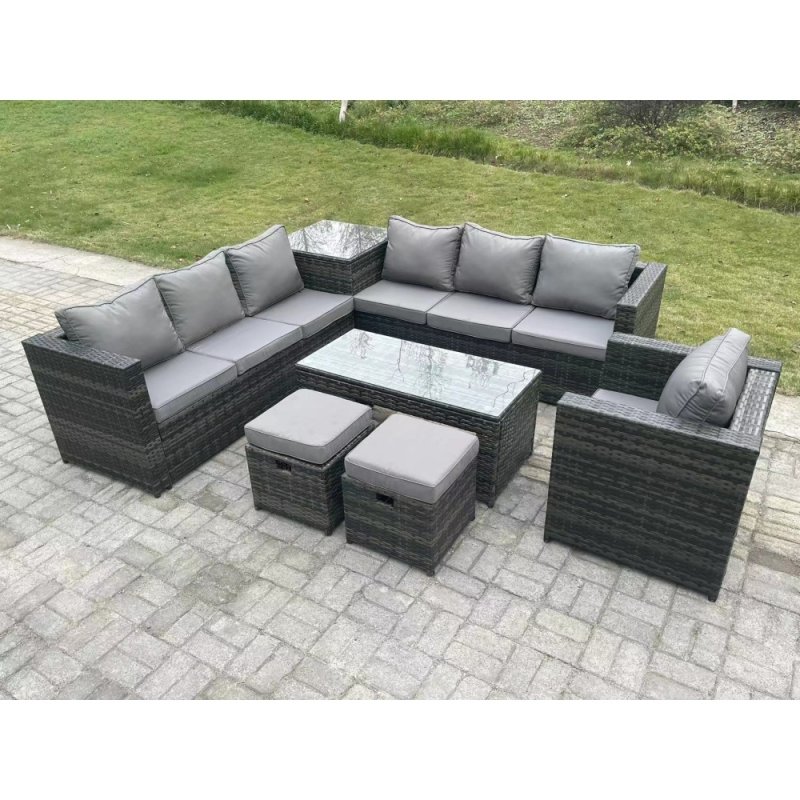 Fimous 9 Seater Rattan Corner Sofa Set With Square Side Table And Oblong Rectangular Coffee Tea Table Arm Chair 2 Stools Dark Grey Mixed